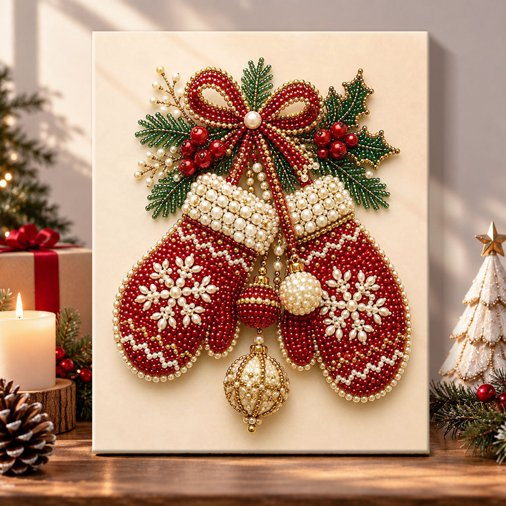 Cozy christmas mittens pearl diamond painting kit for beginners