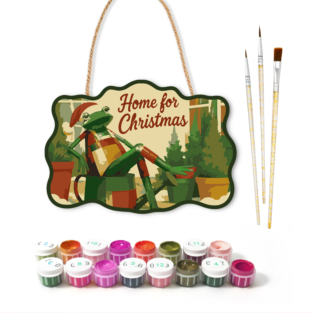 Cozy christmas retreat paint by numbers door hanger with paints and brushes