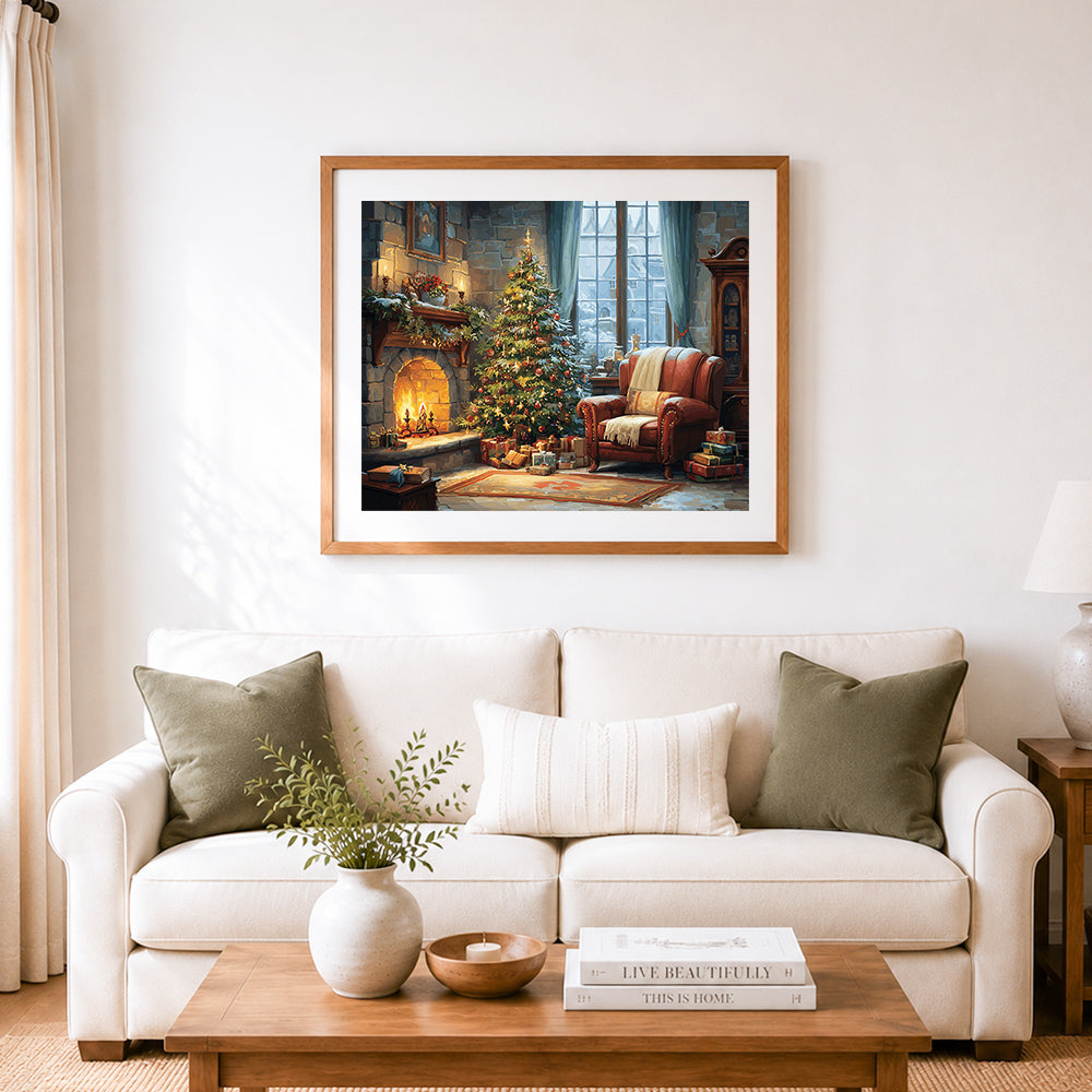 Finished cozy christmas tree by the fireplace cross stitch artwork displayed as home decor