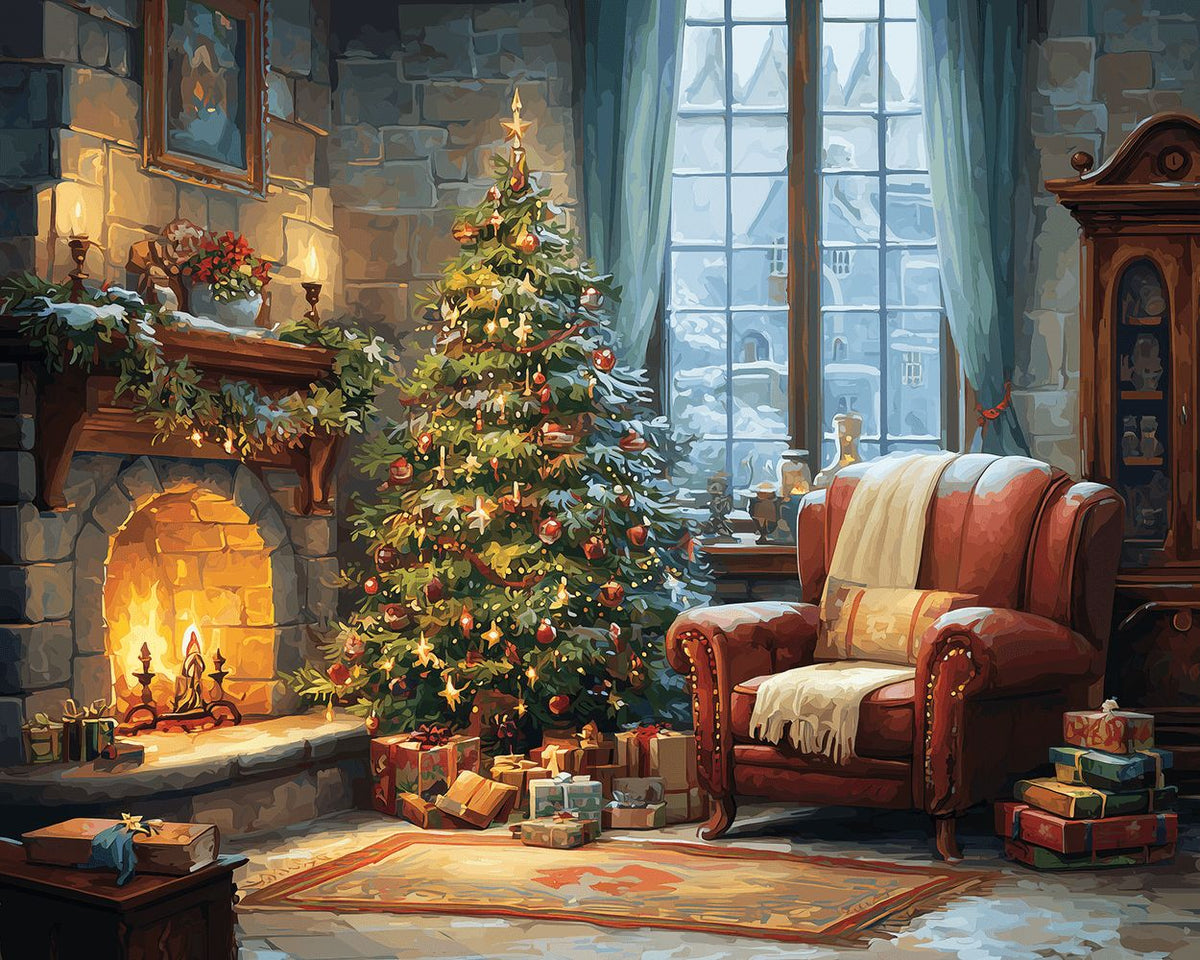 Cozy christmas tree by the fireplace cross stitch kit for beginners