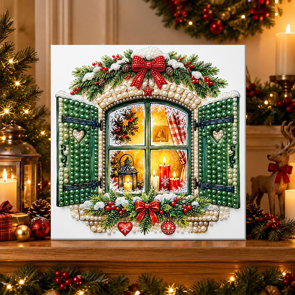 Finished cozy christmas window scene pearl diamond painting artwork displayed as holiday home decor