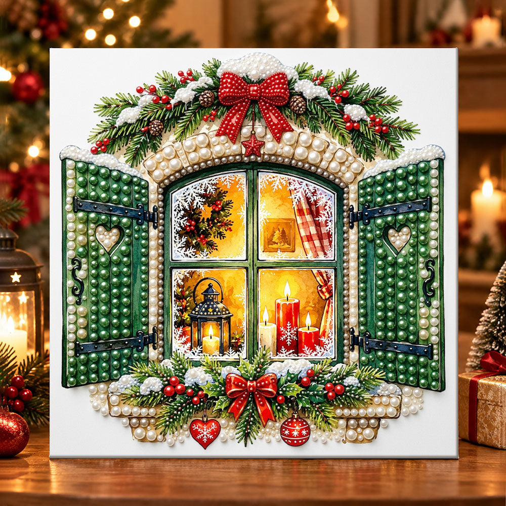 Cozy christmas window scene pearl diamond painting kit for beginners