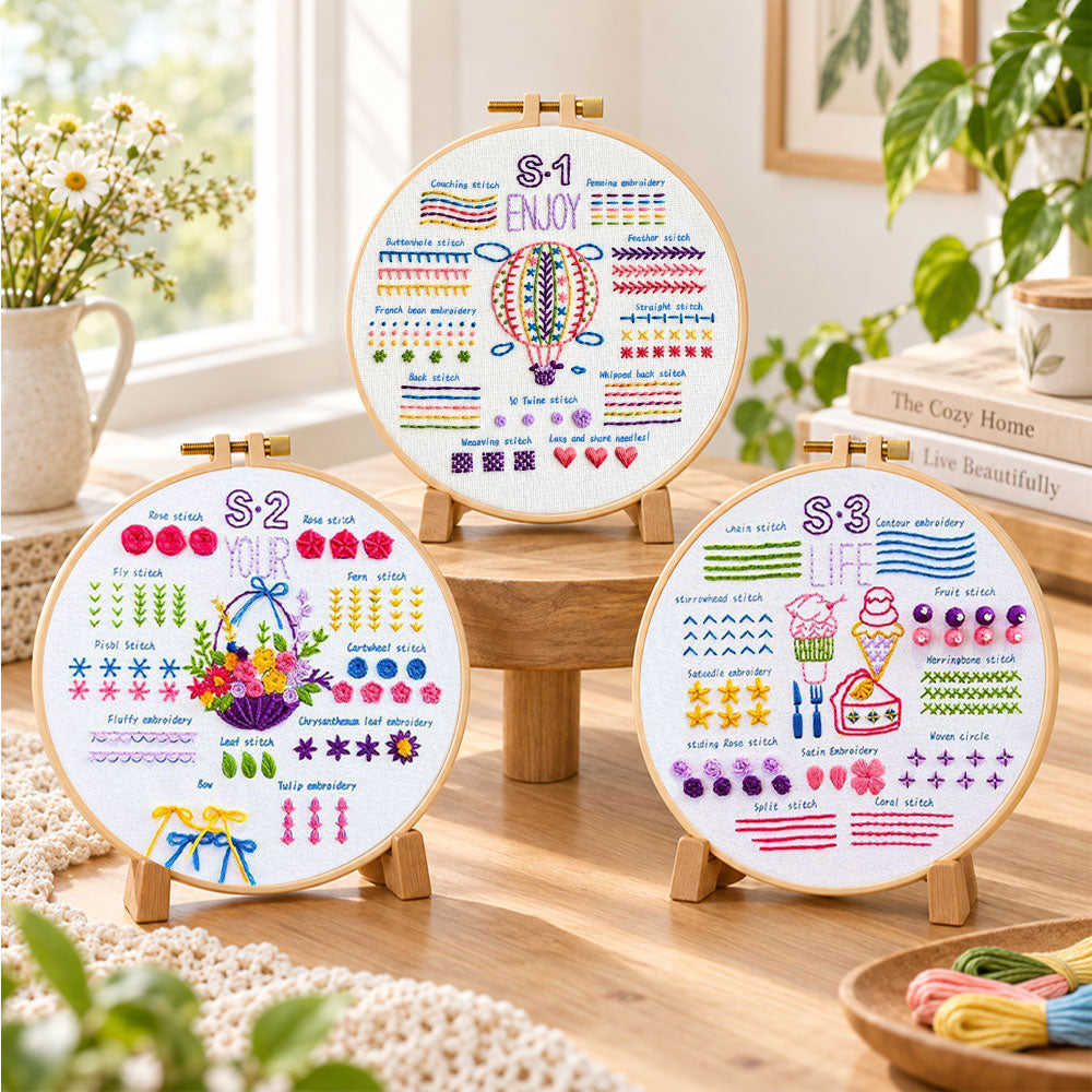 Cozy diy stitch project embroidery kit finished hoop displayed on a wooden stand as cozy tabletop decor