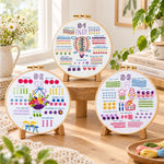 Cozy diy stitch project embroidery kit finished hoop displayed on a wooden stand as cozy tabletop decor