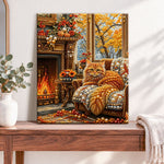 Finished cozy fireplace cat pearl diamond painting artwork displayed as home decor