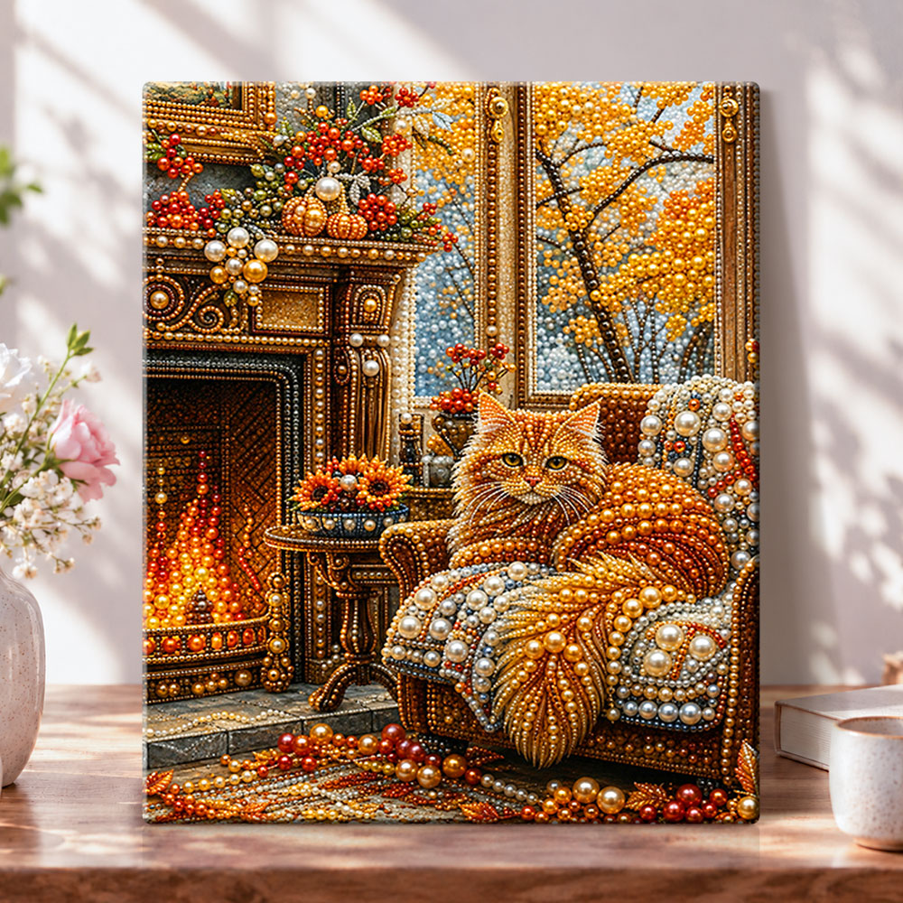 Cozy fireplace cat pearl diamond painting kit for beginners