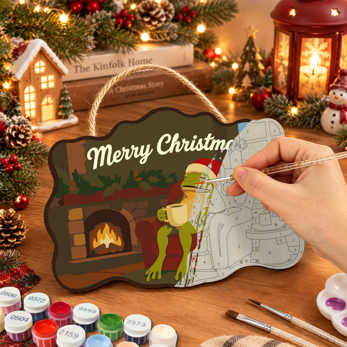 Cozy fireplace frog paint by numbers door hanger painting process