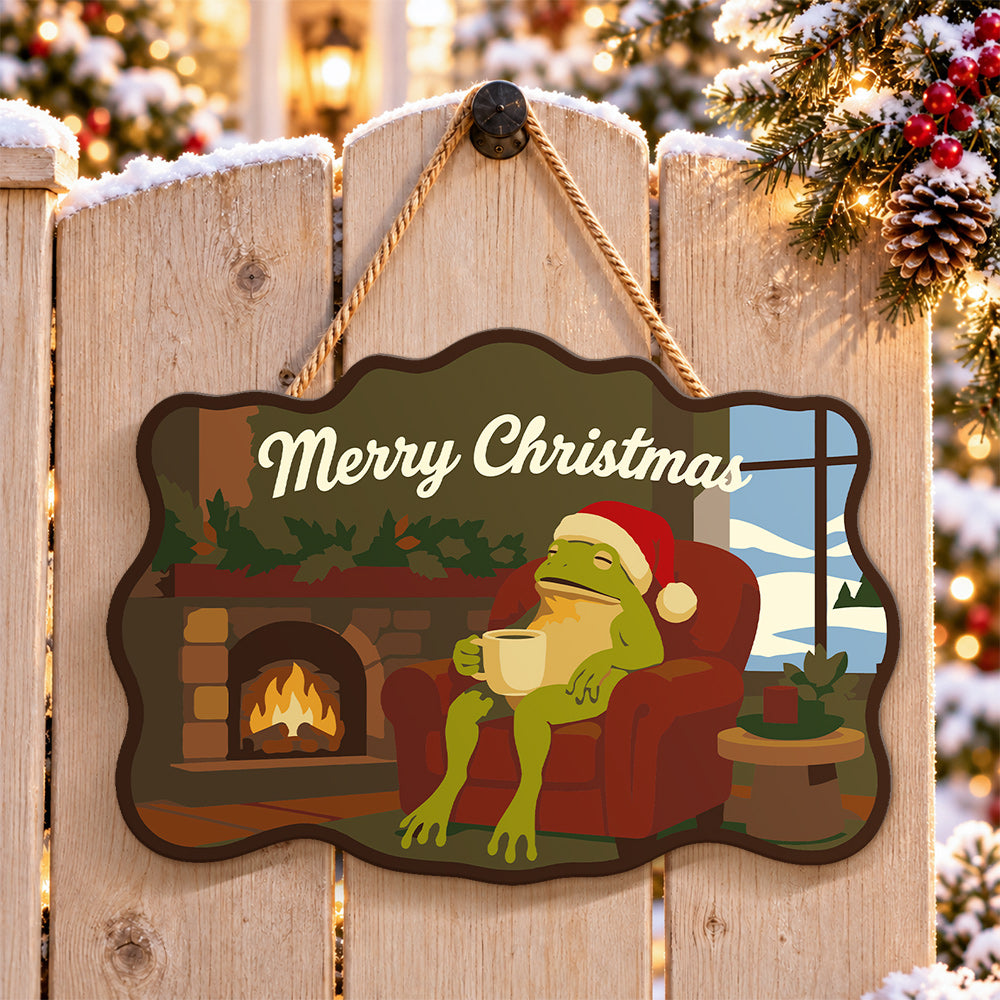 Cozy fireplace frog paint by numbers door hanger on a garden gate
