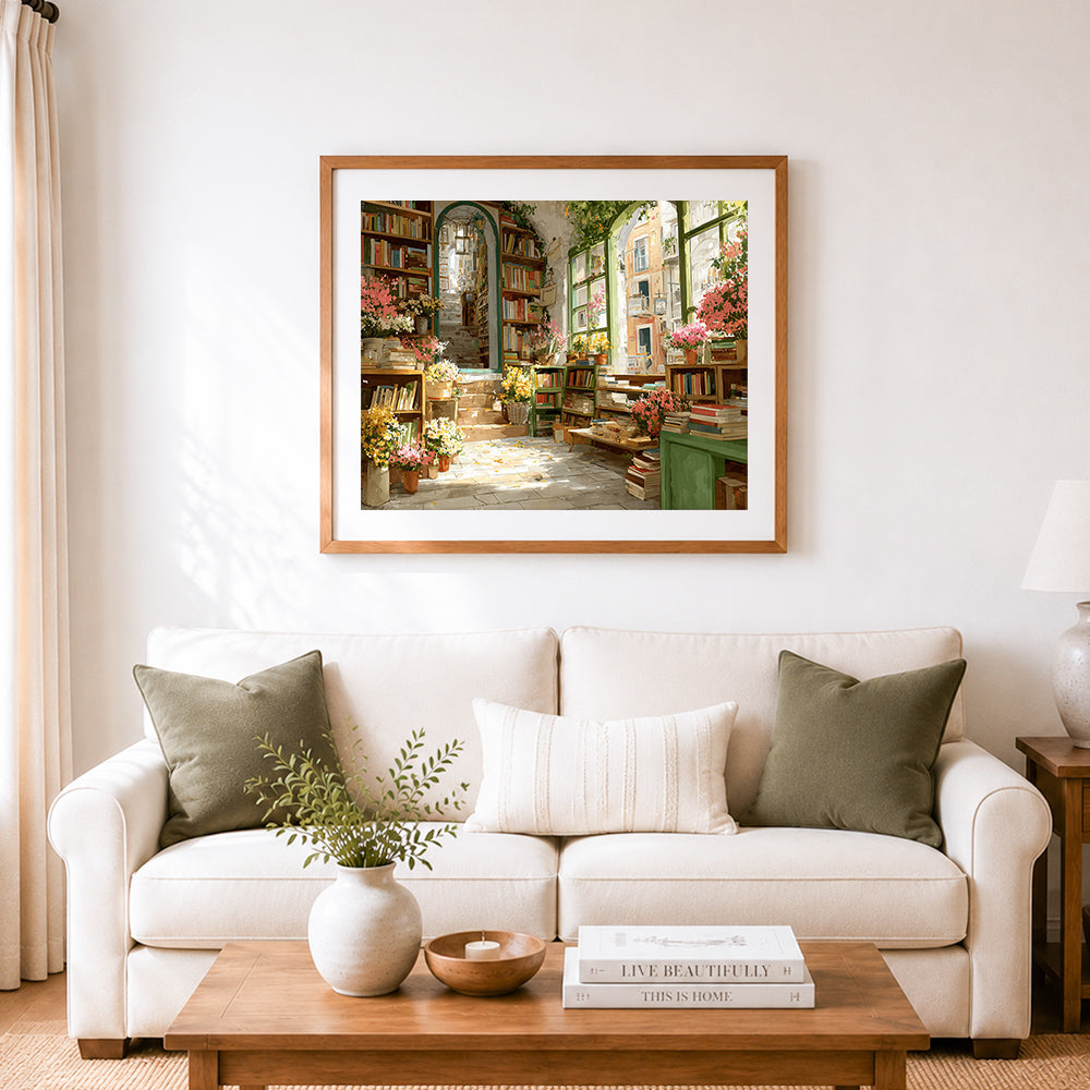 Finished cozy floral bookshop with green shelves cross stitch artwork displayed as home decor