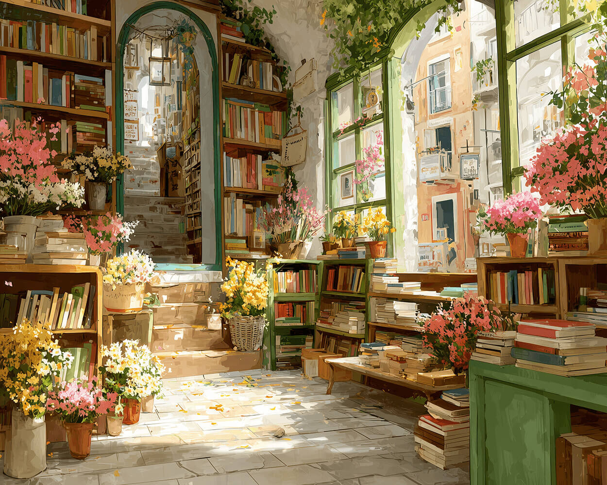 Cozy floral bookshop with green shelves cross stitch kit for beginners