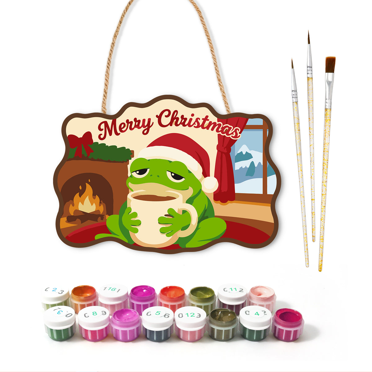 Cozy frog holiday paint by numbers door hanger with paints and brushes