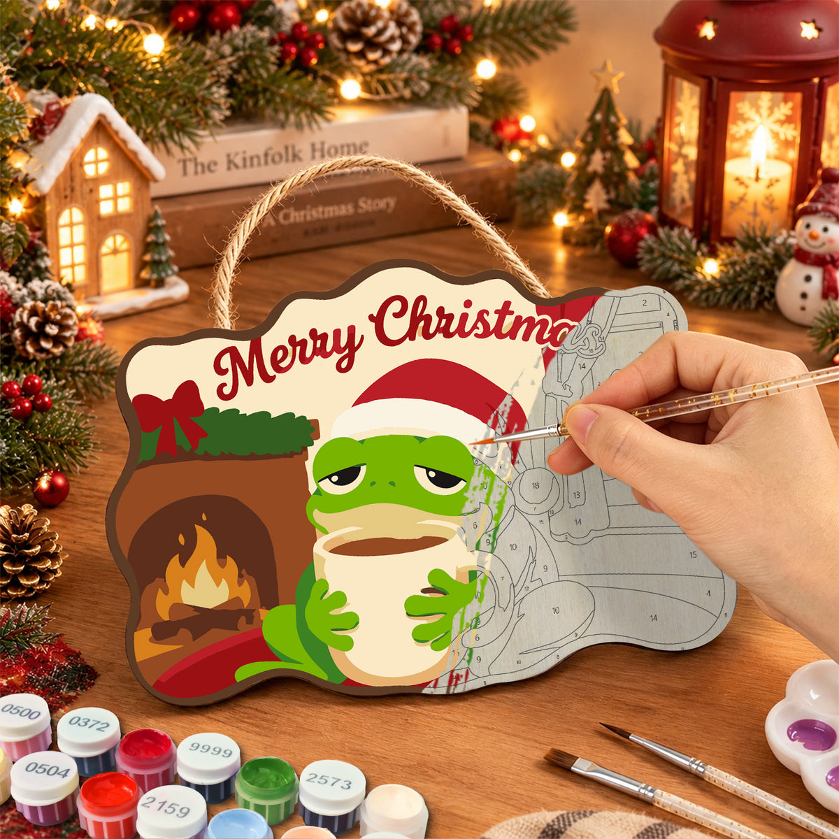 Cozy frog holiday paint by numbers door hanger painting process