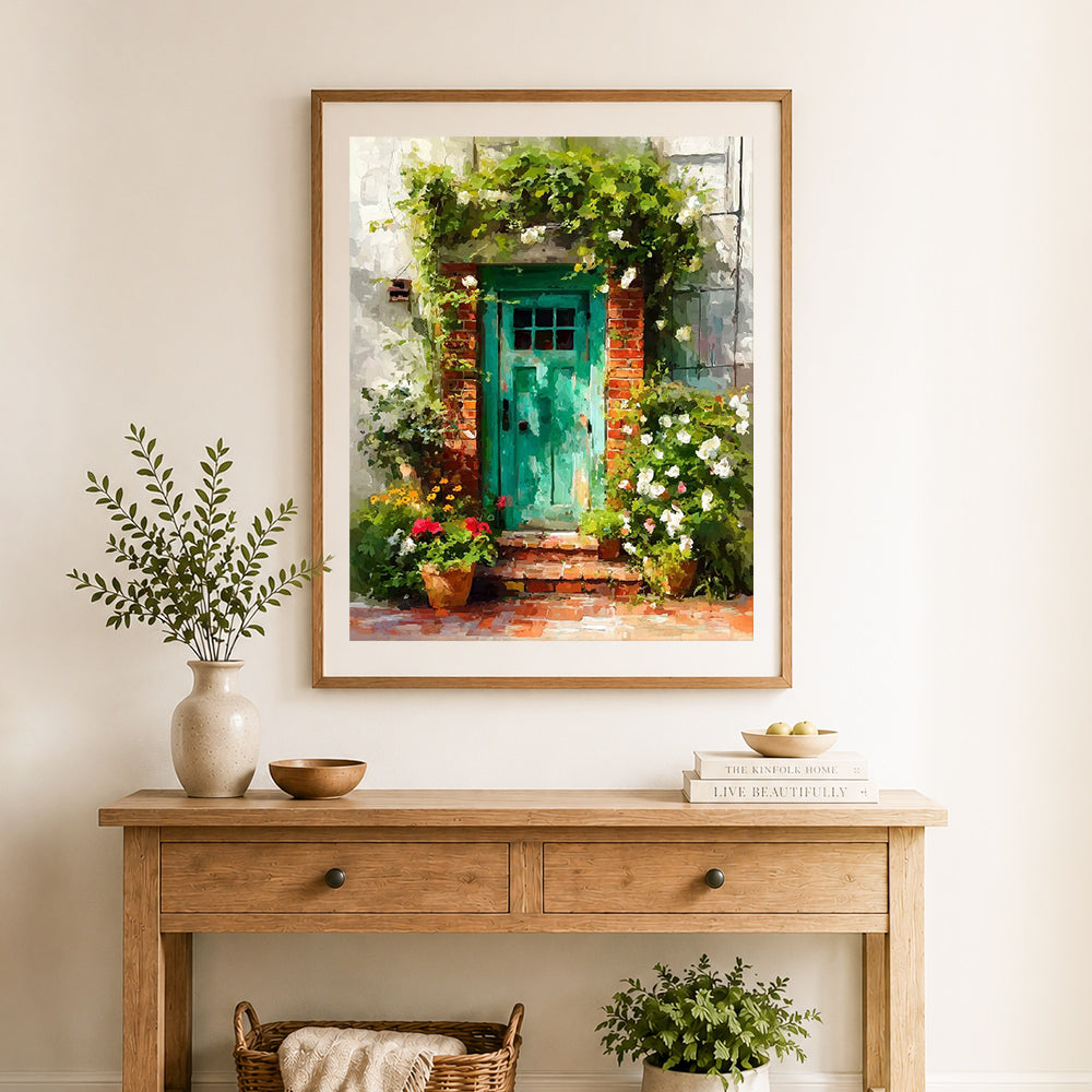 Finished cozy garden front door cross stitch artwork displayed as home decor