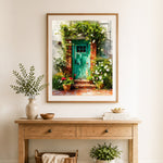 Finished cozy garden front door cross stitch artwork displayed as home decor