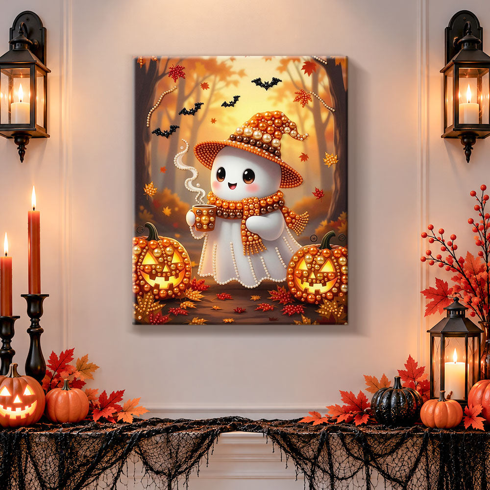 Finished cozy ghost enjoying hot drink pearl diamond painting artwork displayed as holiday home decor