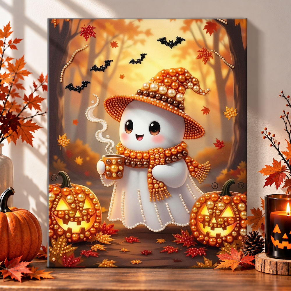 Cozy ghost enjoying hot drink pearl diamond painting kit for beginners