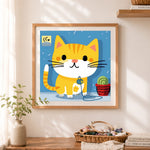Finished cozy ginger cat cross stitch artwork displayed as home decor