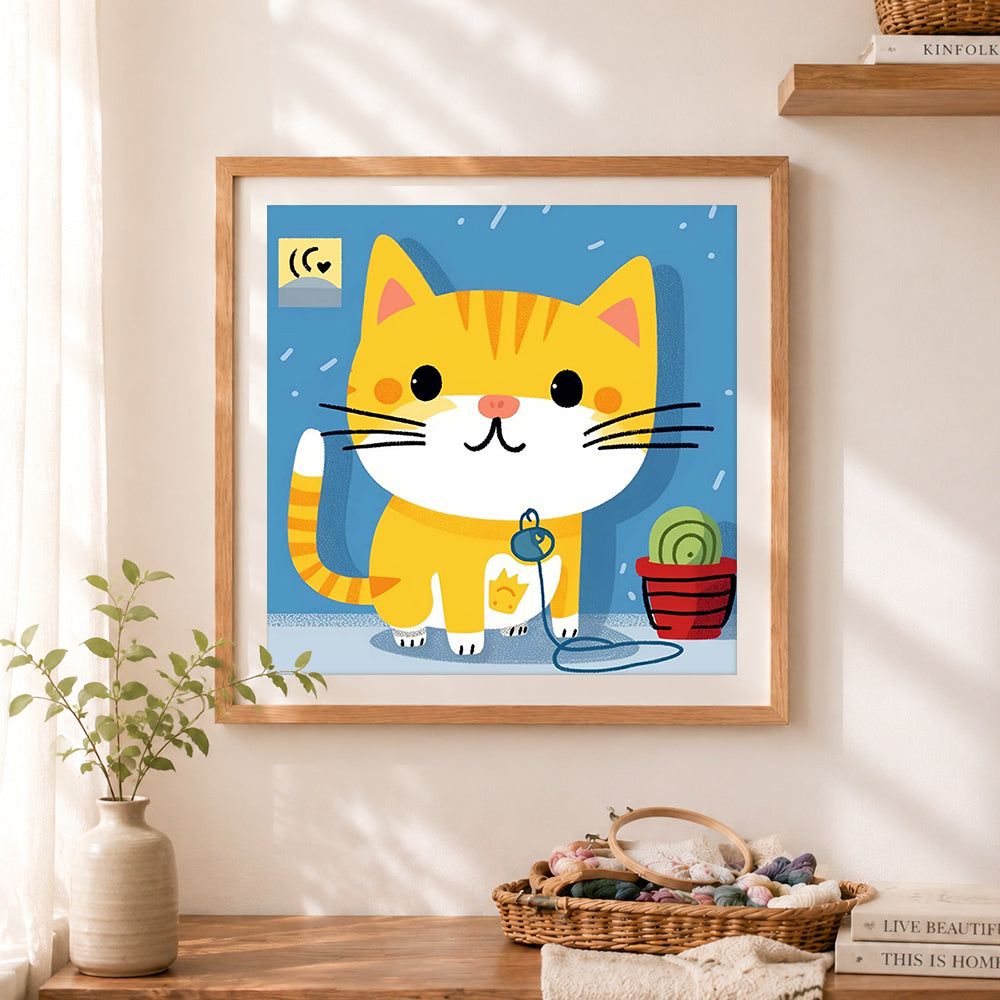 Finished cozy ginger cat cross stitch artwork displayed as home decor
