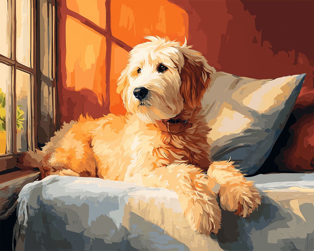 Cozy golden doodle on couch by window cross stitch kit for beginners