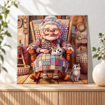 Finished cozy granny with cats pearl diamond painting artwork displayed as holiday home decor
