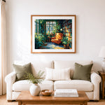 Finished cozy green reading nook cross stitch artwork displayed as home decor