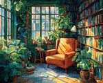 Cozy green reading nook cross stitch kit for beginners