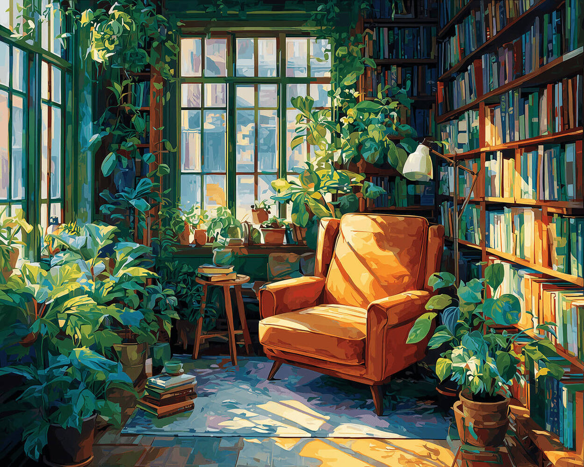 Cozy green reading nook cross stitch kit for beginners