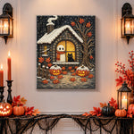 Finished cozy halloween cottage window pearl diamond painting artwork displayed as holiday home decor