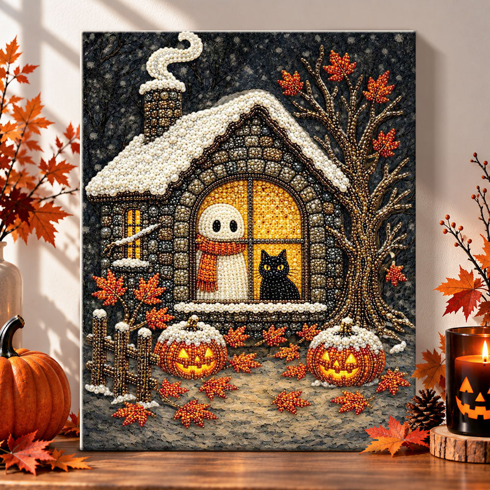 Cozy halloween cottage window pearl diamond painting kit for beginners