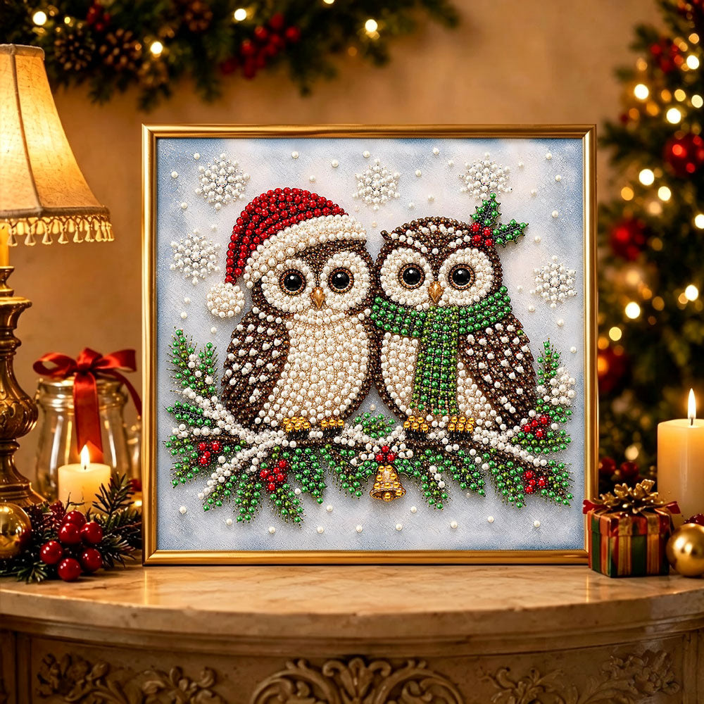 Finished cozy holiday owl couple pearl diamond painting artwork displayed as holiday home decor