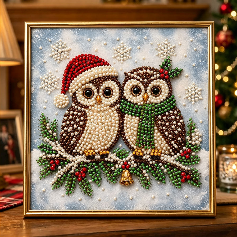Cozy holiday owl couple pearl diamond painting kit for beginners