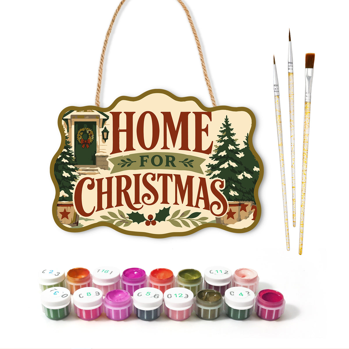 Cozy home christmas paint by numbers door hanger with paints and brushes
