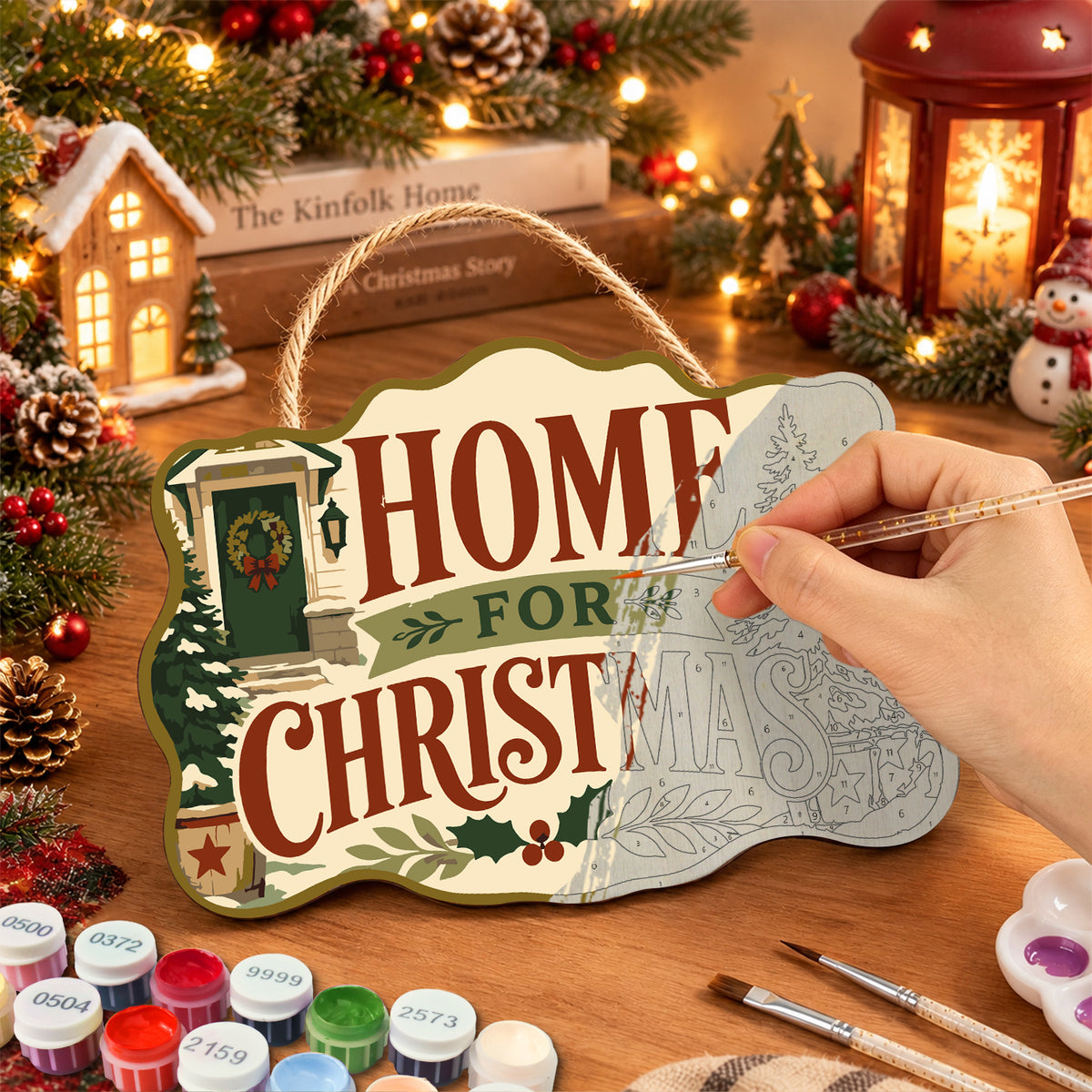 Cozy home christmas paint by numbers door hanger painting process