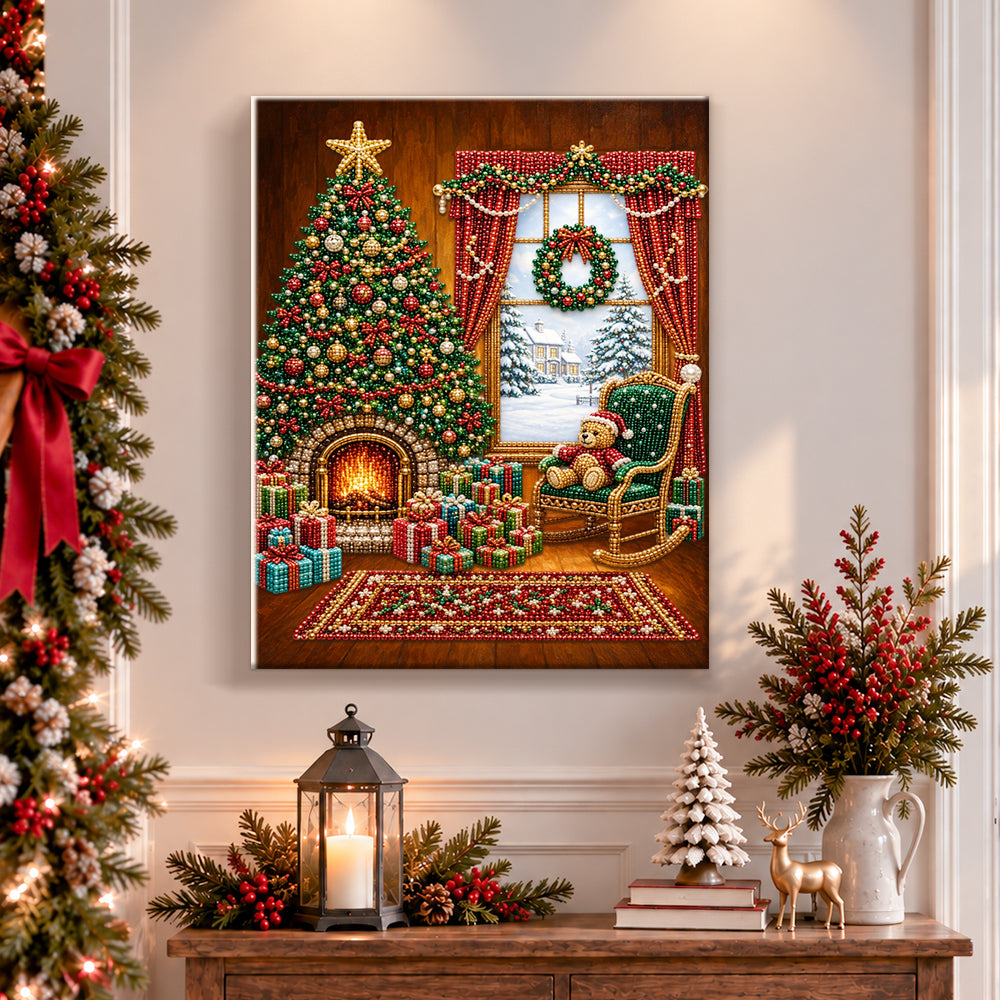 Finished cozy indoor christmas scene pearl diamond painting artwork displayed as holiday home decor