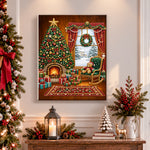Finished cozy indoor christmas scene pearl diamond painting artwork displayed as holiday home decor