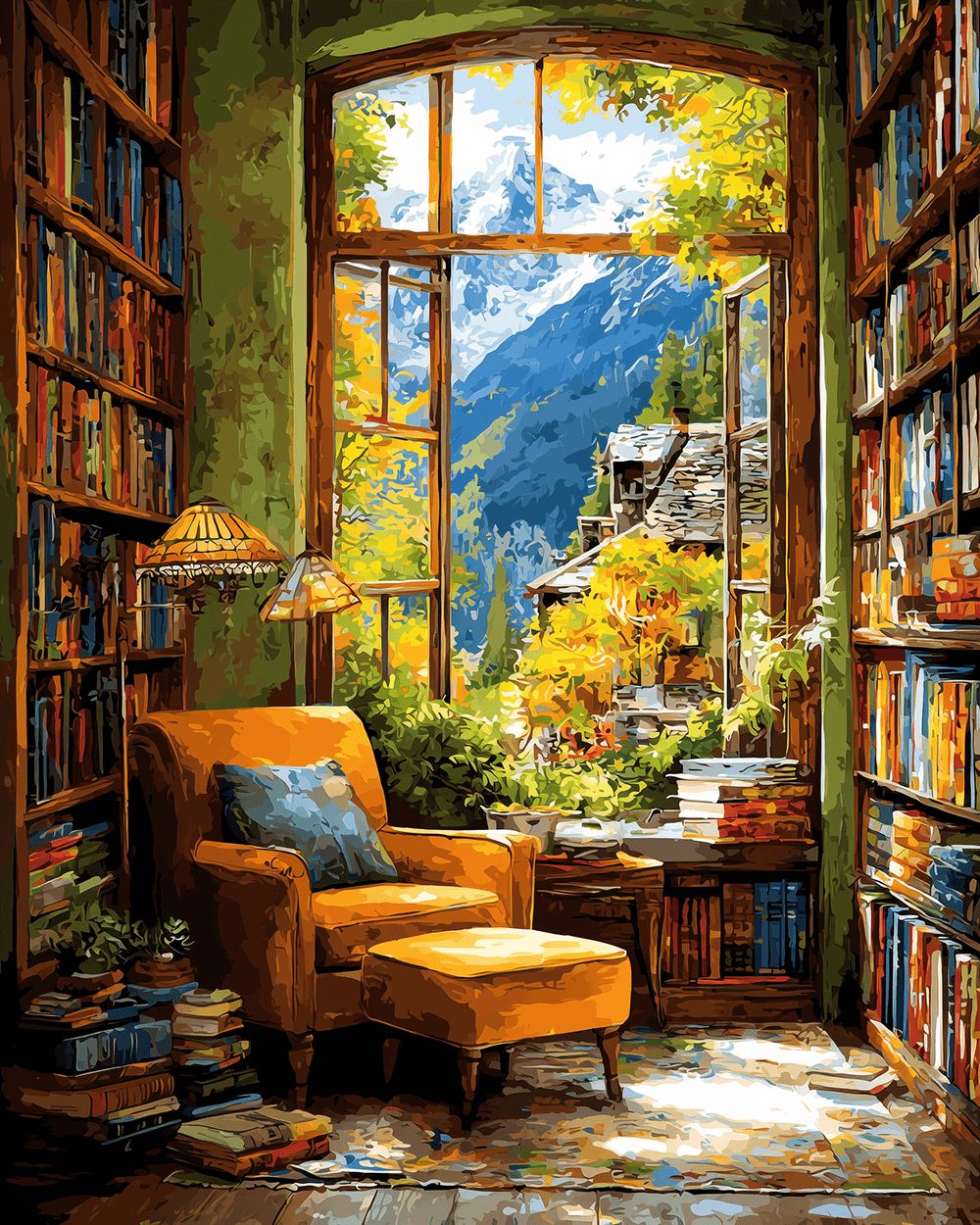Cozy library with mountain view cross stitch kit for beginners
