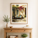 Finished cozy mediterranean nook cross stitch artwork displayed as home decor