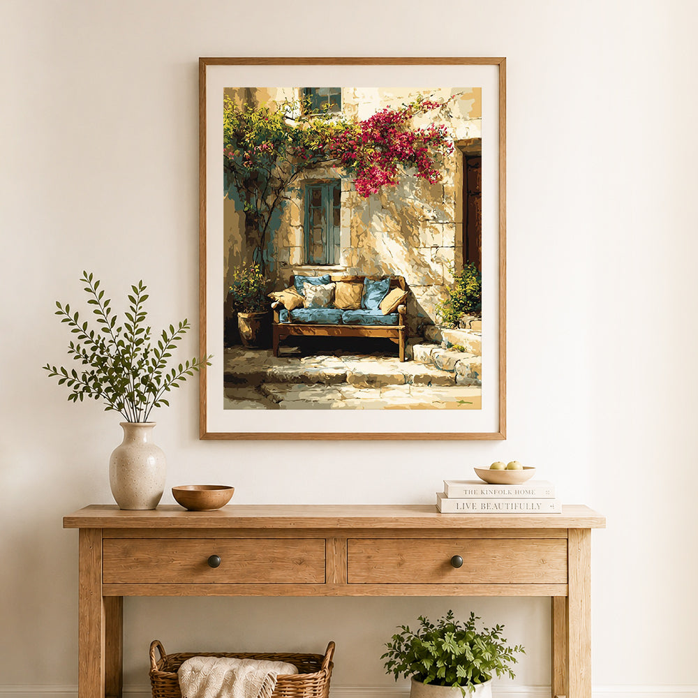 Finished cozy mediterranean nook cross stitch artwork displayed as home decor