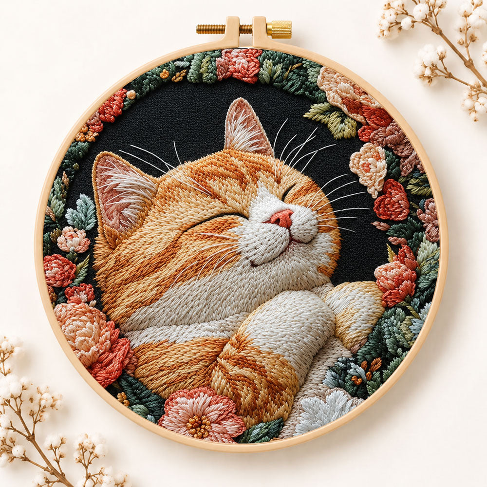 Cozy napping orange cat embroidery kit