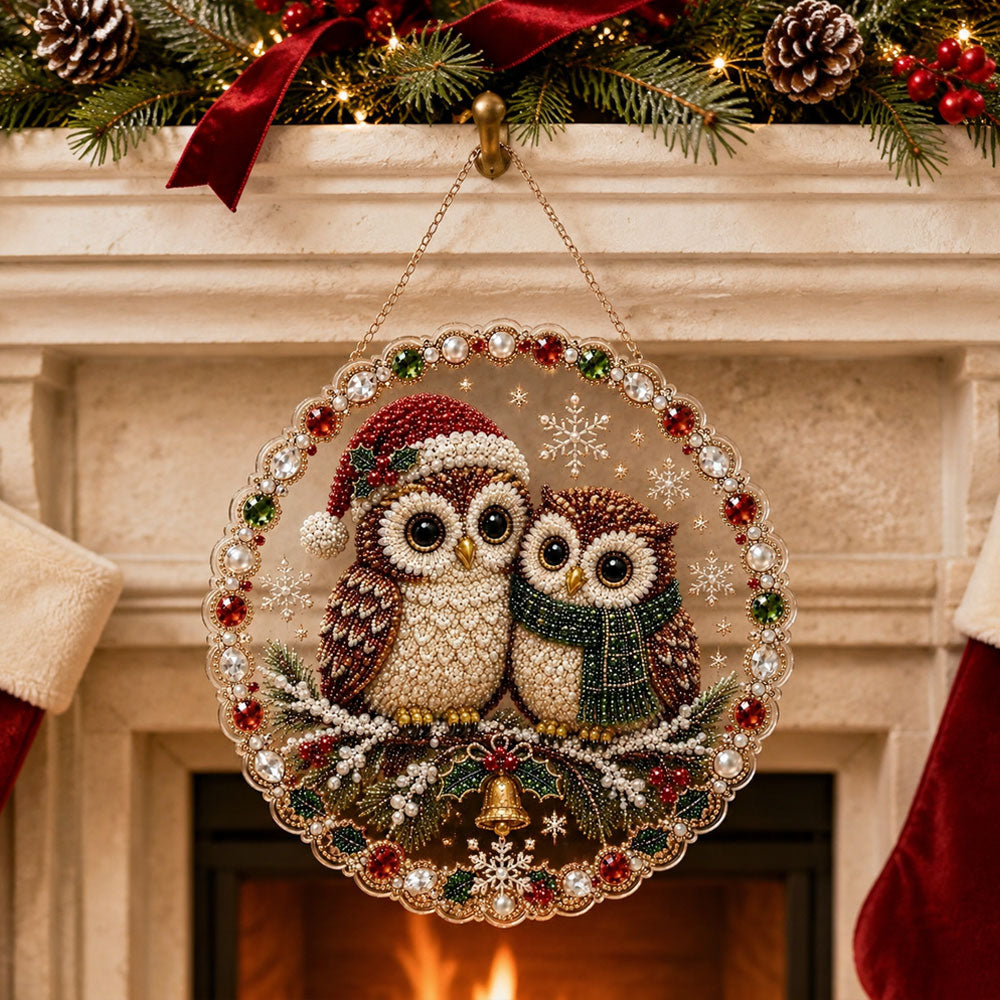 Finished cozy owls pearl diamond painting artwork displayed as holiday home decor