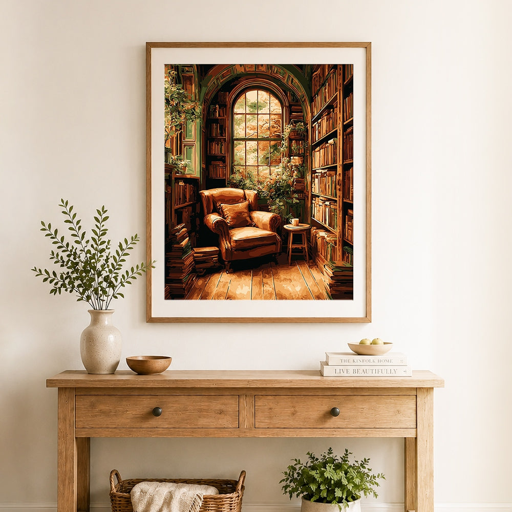 Finished cozy reading nook with books and coffee cross stitch artwork displayed as home decor