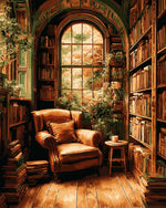 Cozy reading nook with books and coffee cross stitch kit for beginners