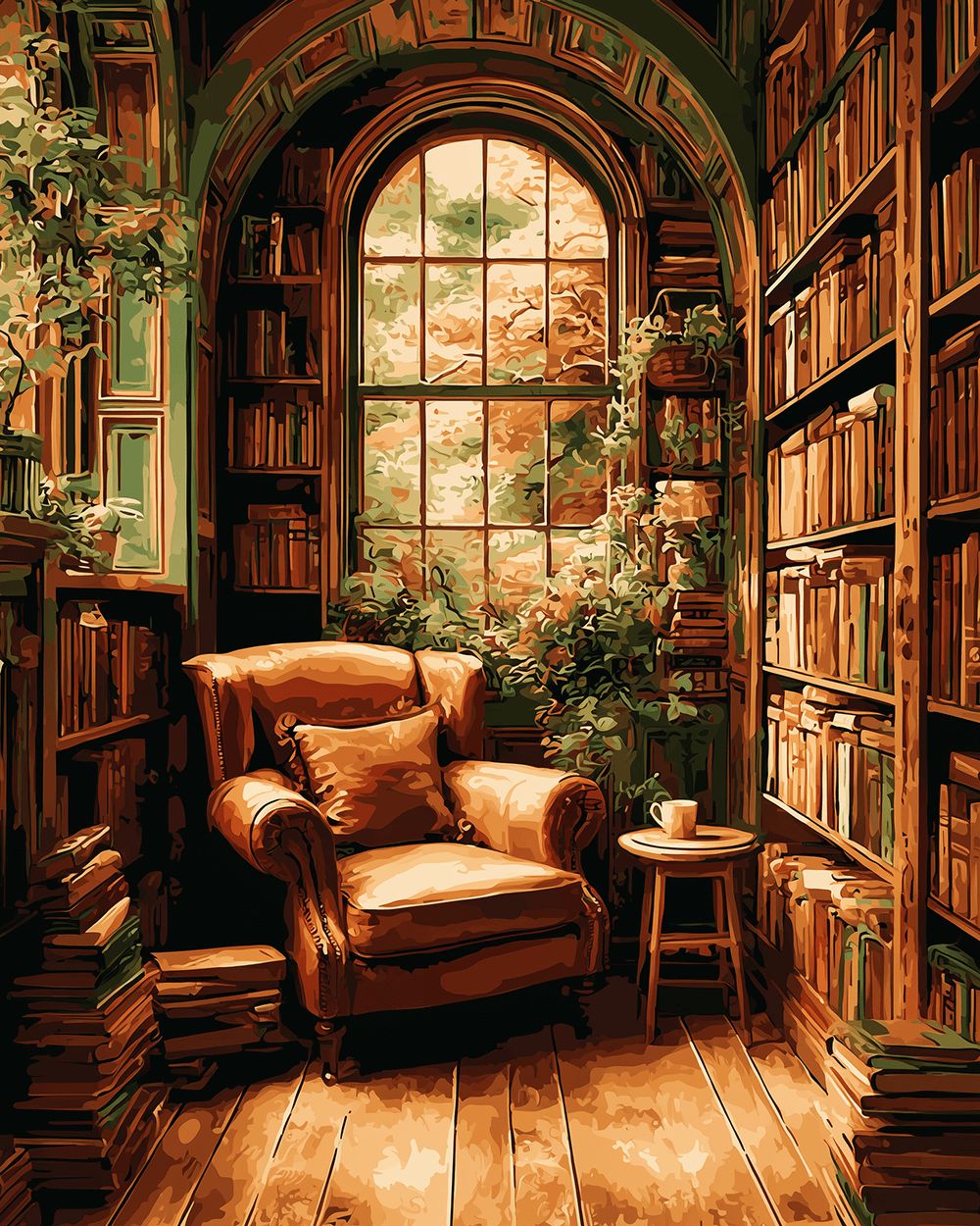 Cozy reading nook with books and coffee cross stitch kit for beginners