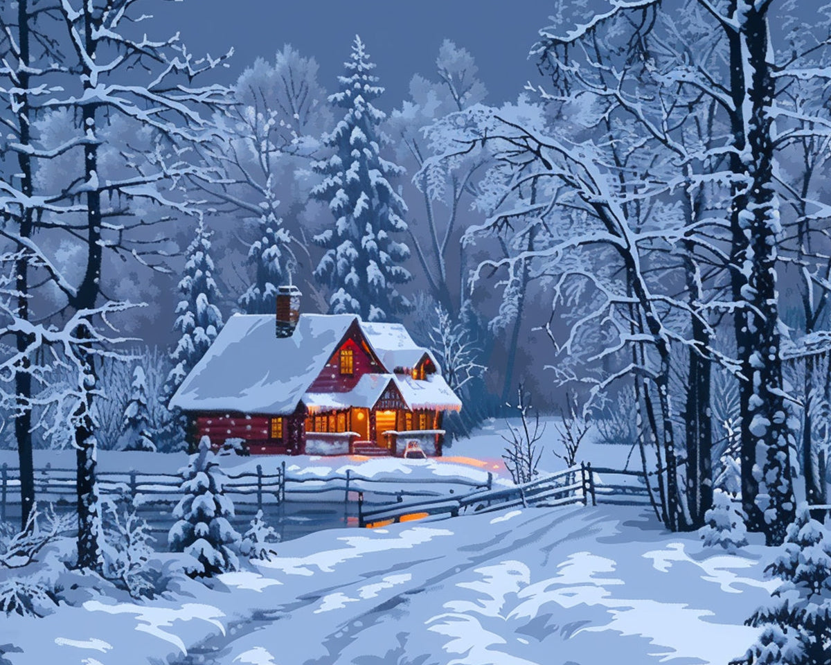 Cozy snow cabin in winter woods cross stitch kit for beginners