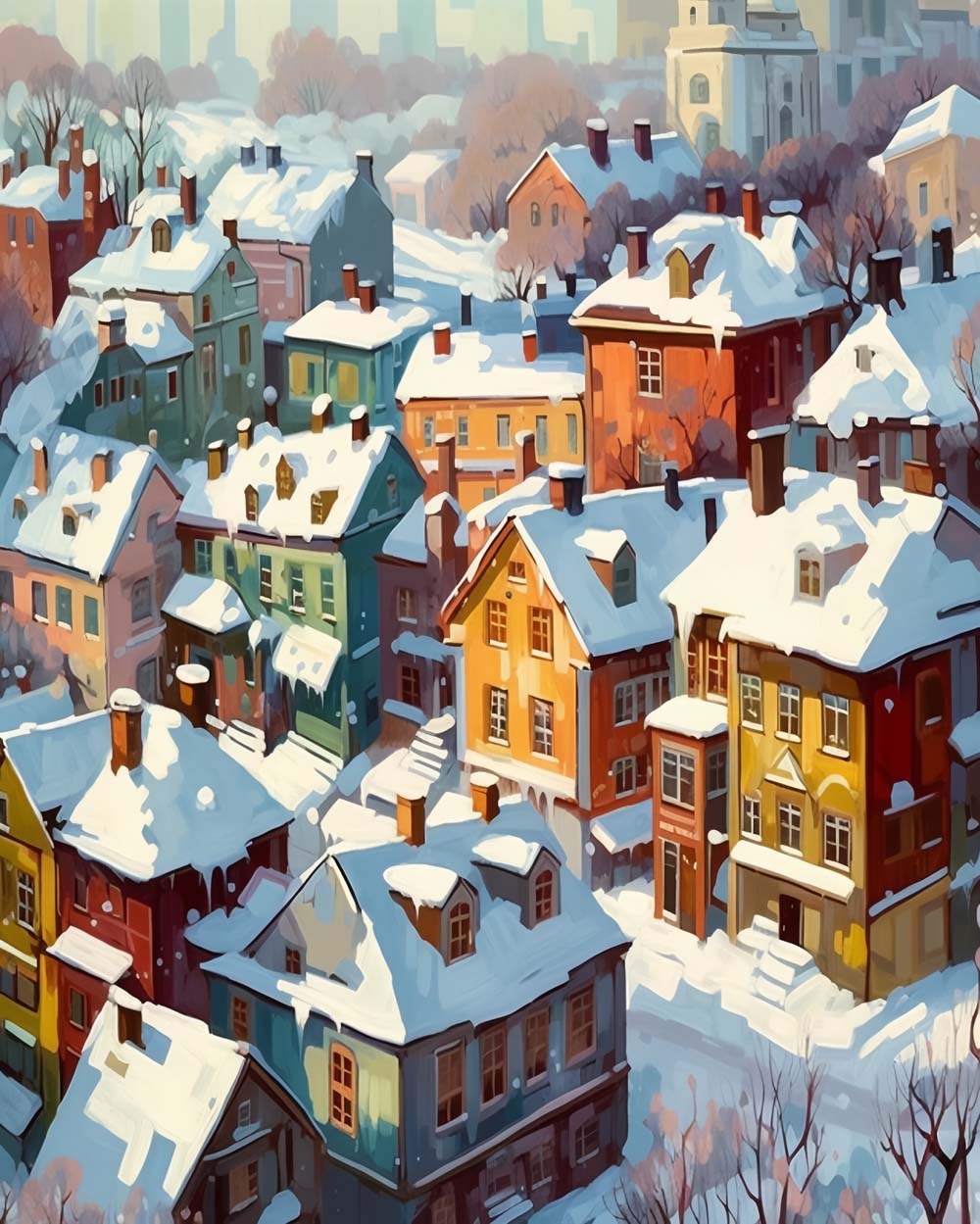 Cozy snow‑covered colorful town cross stitch kit for beginners
