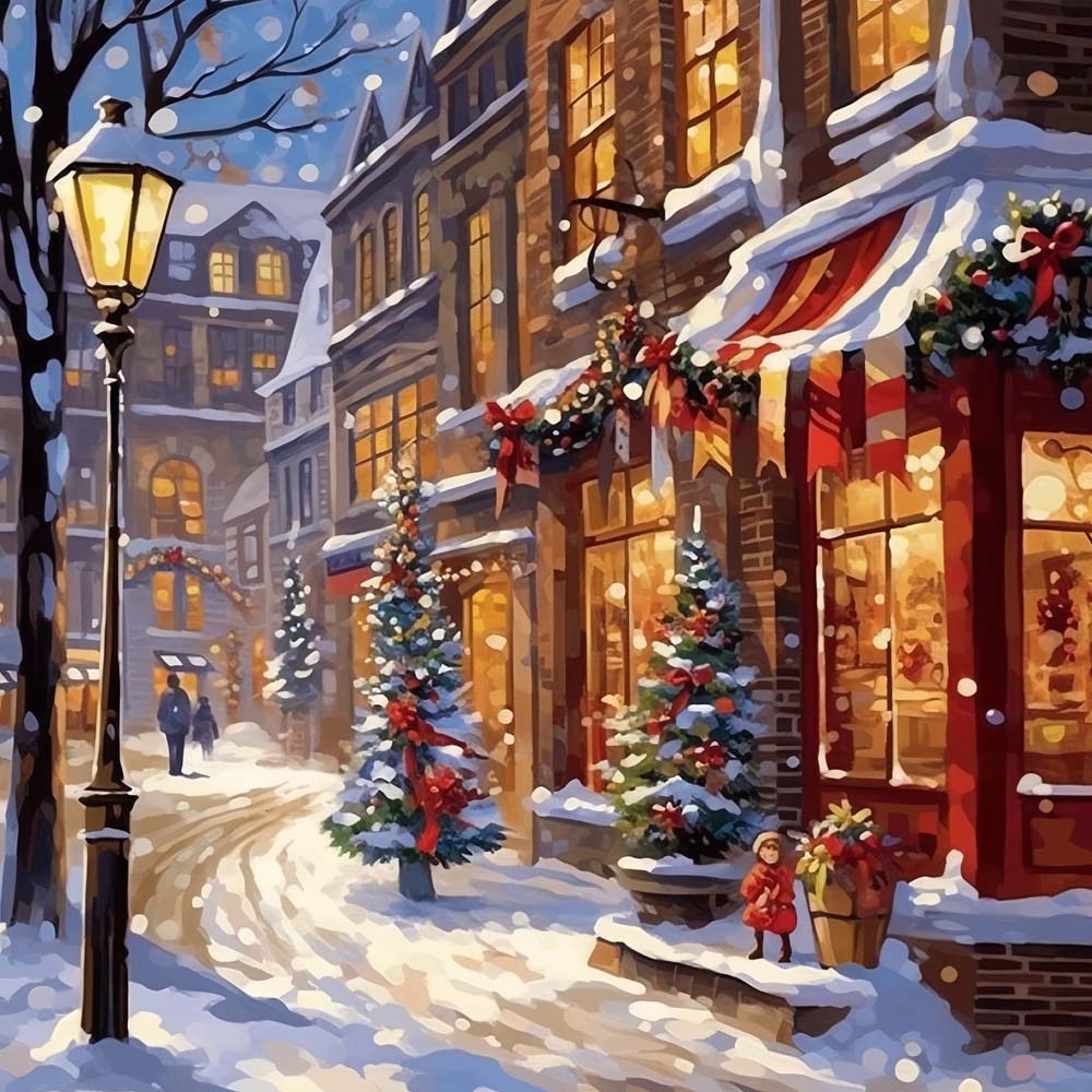 Cozy snowy christmas city cross stitch kit for beginners