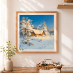Finished cozy winter cabin cross stitch artwork displayed as home decor