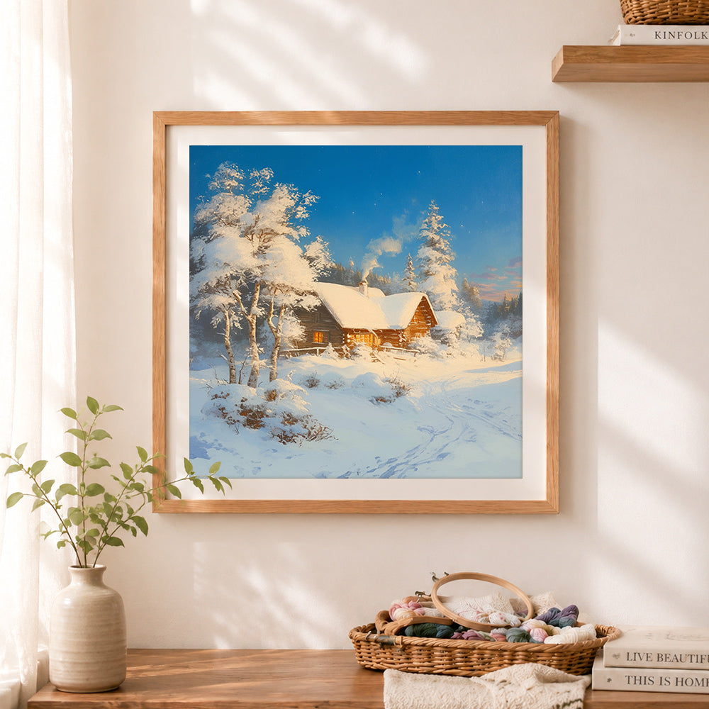 Finished cozy winter cabin cross stitch artwork displayed as home decor