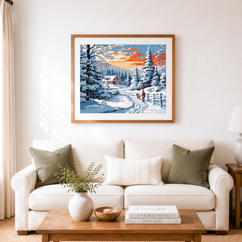 Finished cozy winter cabin walk cross stitch artwork displayed as home decor