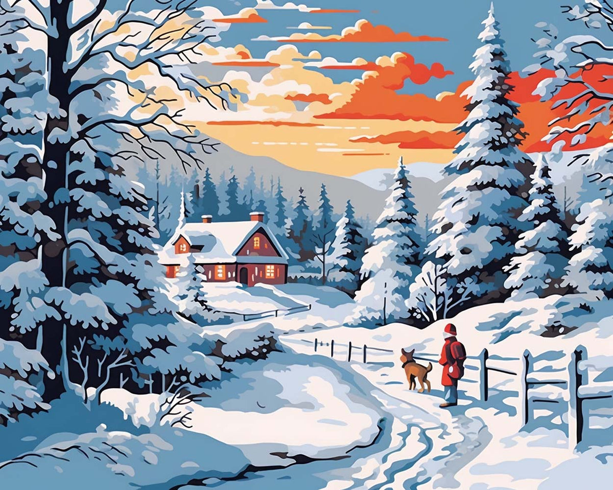 Cozy winter cabin walk cross stitch kit for beginners